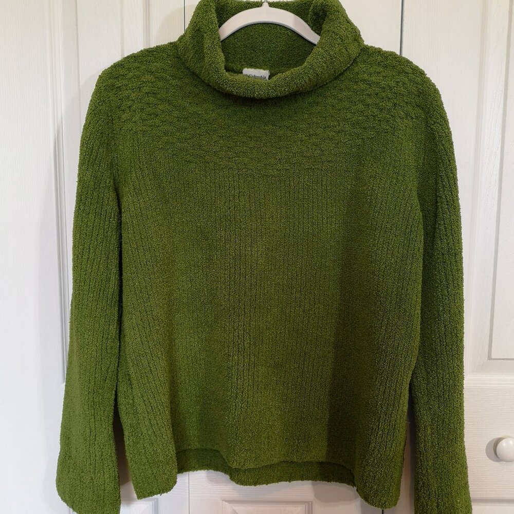 Women's Columbia Green Chenille Size L Cowl Neck Rib Basket Weave Sweater